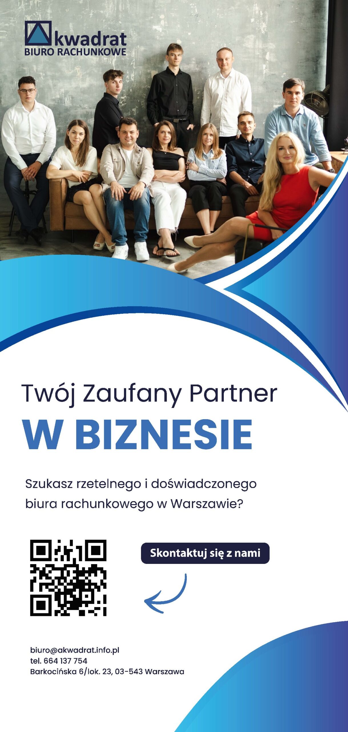 Dane kontaktowe biura rachunkowego Akwadrat (Warszawa, ul. Barkocińska 6) oraz kod QR do kontaktu.